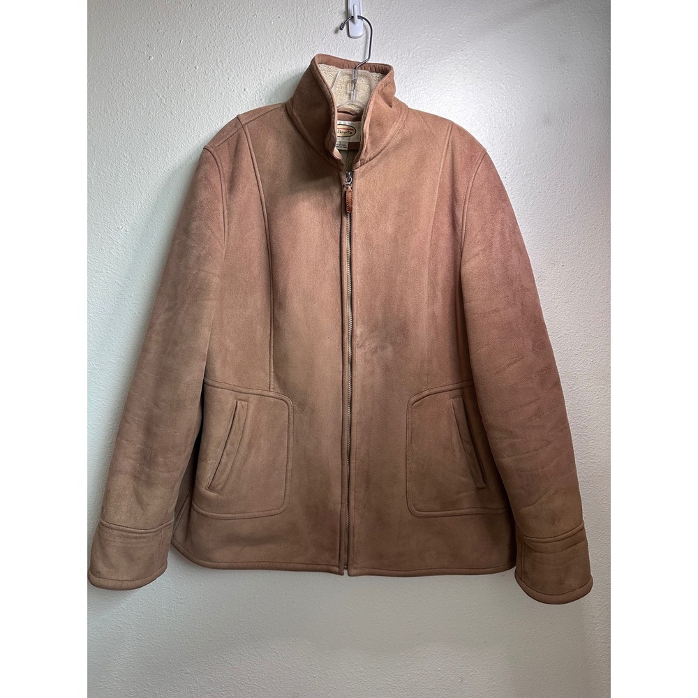 Talbots Womens Faux Suede Shearling Lined Jacket Camel Tan Zip Front Size Large - Picture 2 of 9